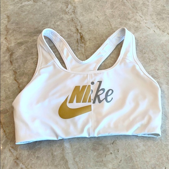 white and gold nike sports bra